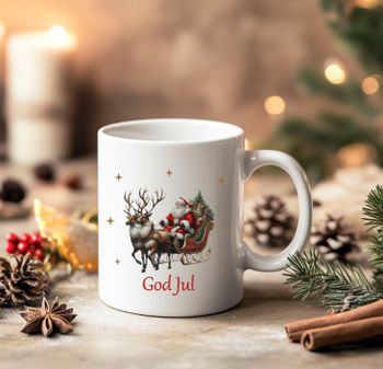 Tomtegubben med renar och texten God Jul