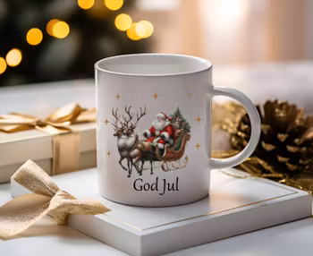 Mugg Tomtegubben med renar och texten God Jul