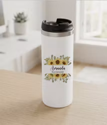 Termosmugg Solros med namn och en liten text