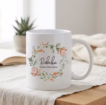 Mugg aprikos blomkkrans med namn och världens bästa mamma