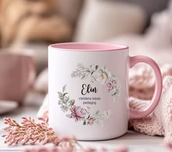 Mugg Rosa/Vit - Blomsterkrans med namn och världens bästa pedagog, lärare