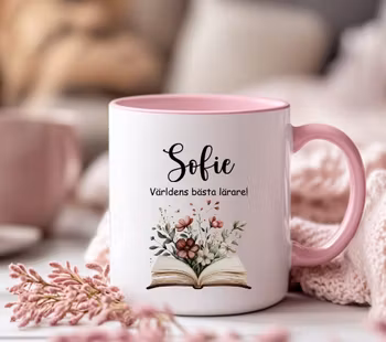 Mugg Rosa/Vit - Världens bästa lärare/fröken eller pedagog med bokmotiv
