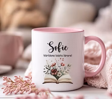 Mugg Rosa/Vit - Världens bästa lärare/fröken eller pedagog med bokmotiv