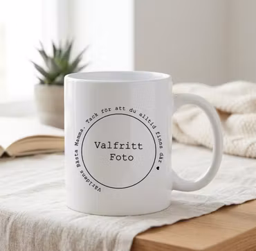 Mugg foto i cirkel och text