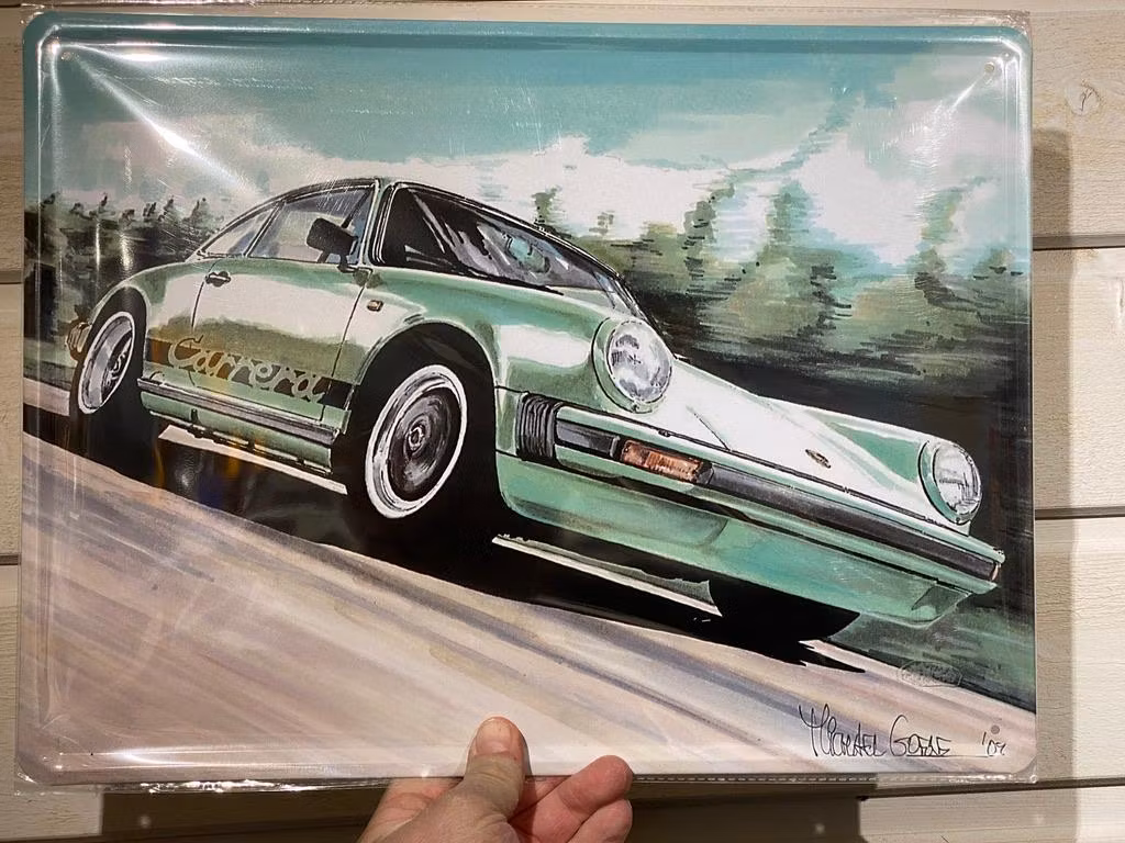 Plåtskylt ca 32 x 42 cm Motiv: Porsche 911 Carrera (Tecknad)