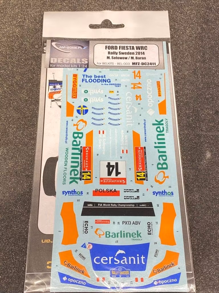 Skala 1/24, Dekalset till Ford Fiesta WRC Rally Sweden 2014 fr MF-Zone