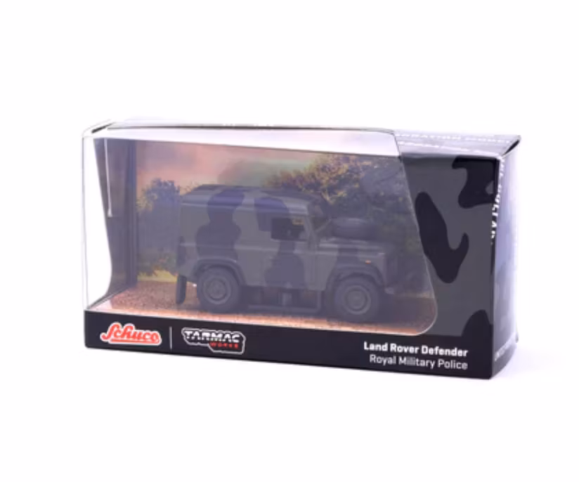 Skala 1/64 Land Rover Defender Royal Military Police fr Schuco x Tarmac Works