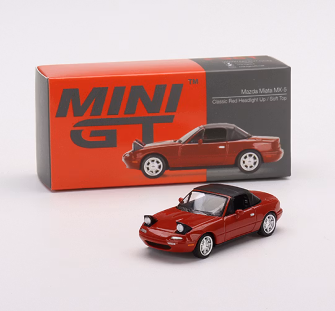 Skala 1/64 - Mazda Miata MX-5 (NA) röd, Uppfälld softtop & Ljus Vä styrd, fr MINI GT