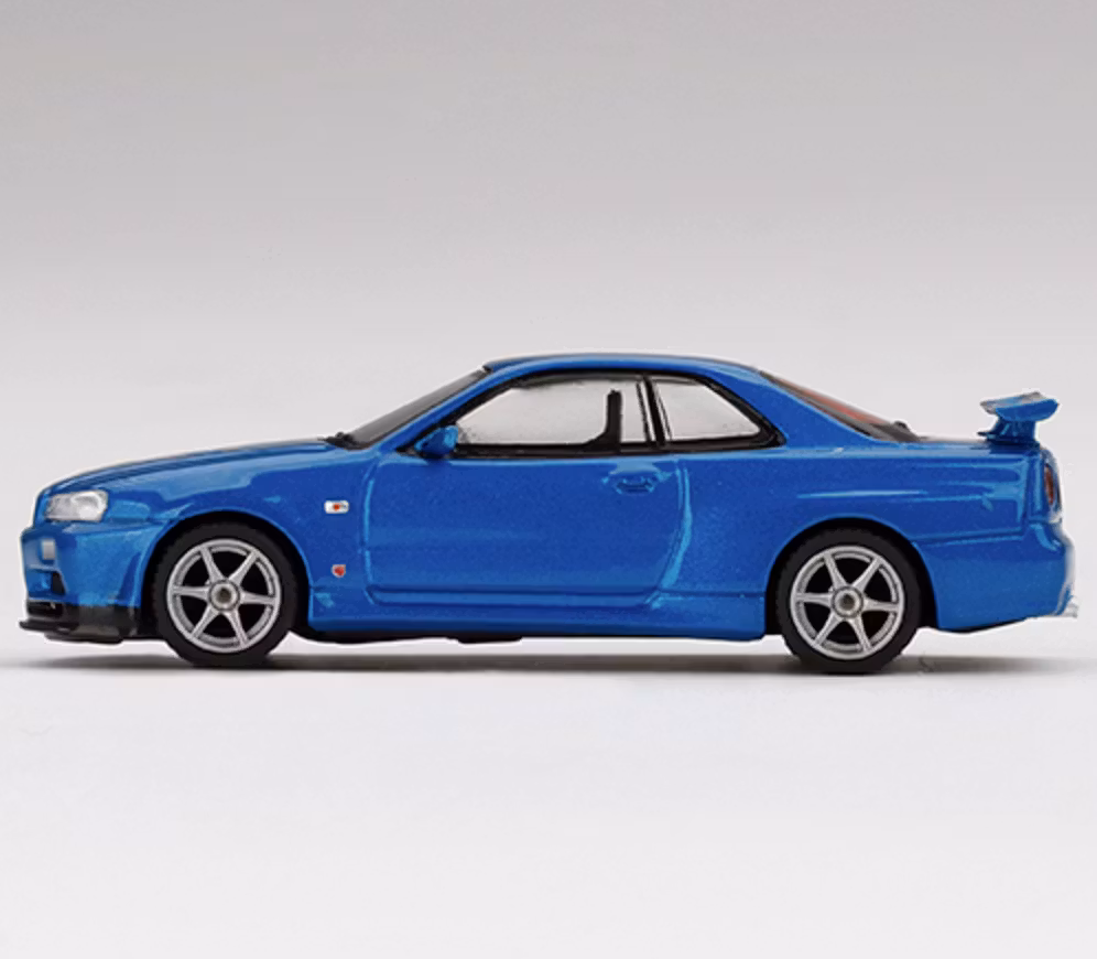 Skala 1/64  Nissan Skyline GT-R (R34) V-Spec II Bayside Blue fr Mini GT