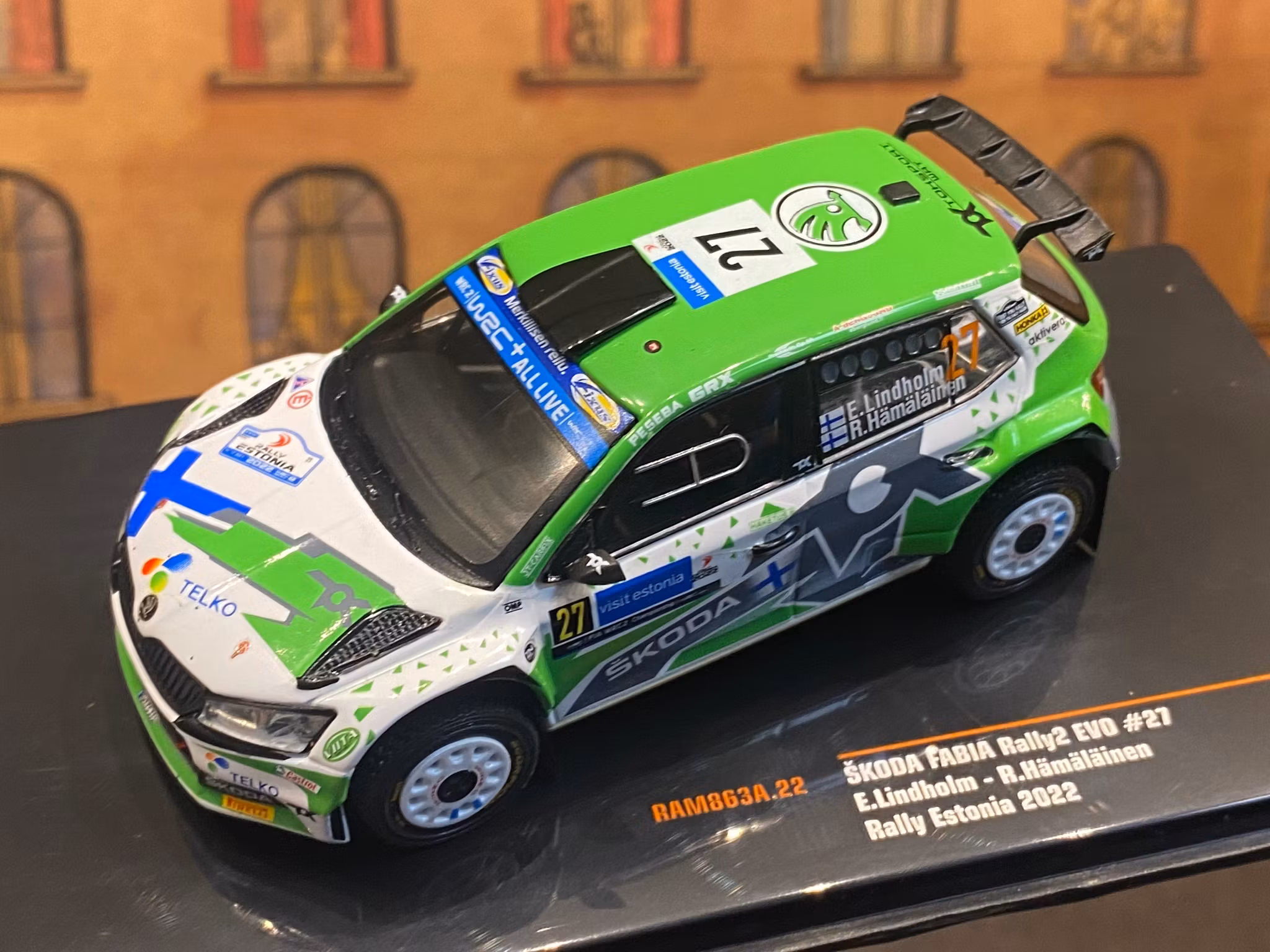 Skala 1/43 Škoda Fabia Rally2 EVO, Rally Estonia, E.Lindholm/R.Hämäläinen fr IXO Models