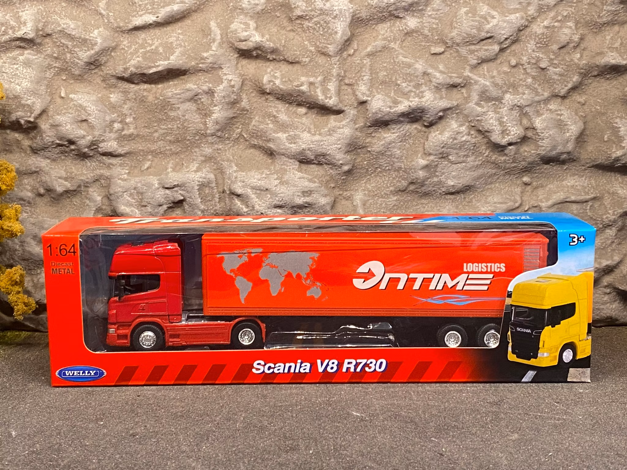 Skala 1/64 - Scania V8 R730 w trailer "Ontime Logistics", red fr Welly