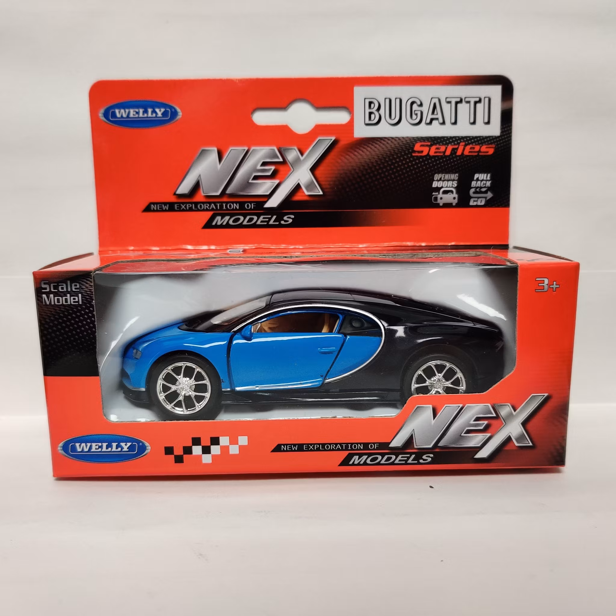Skala 1/33-35 Bugatti Chiron 2017 m pullback-motor från Welly