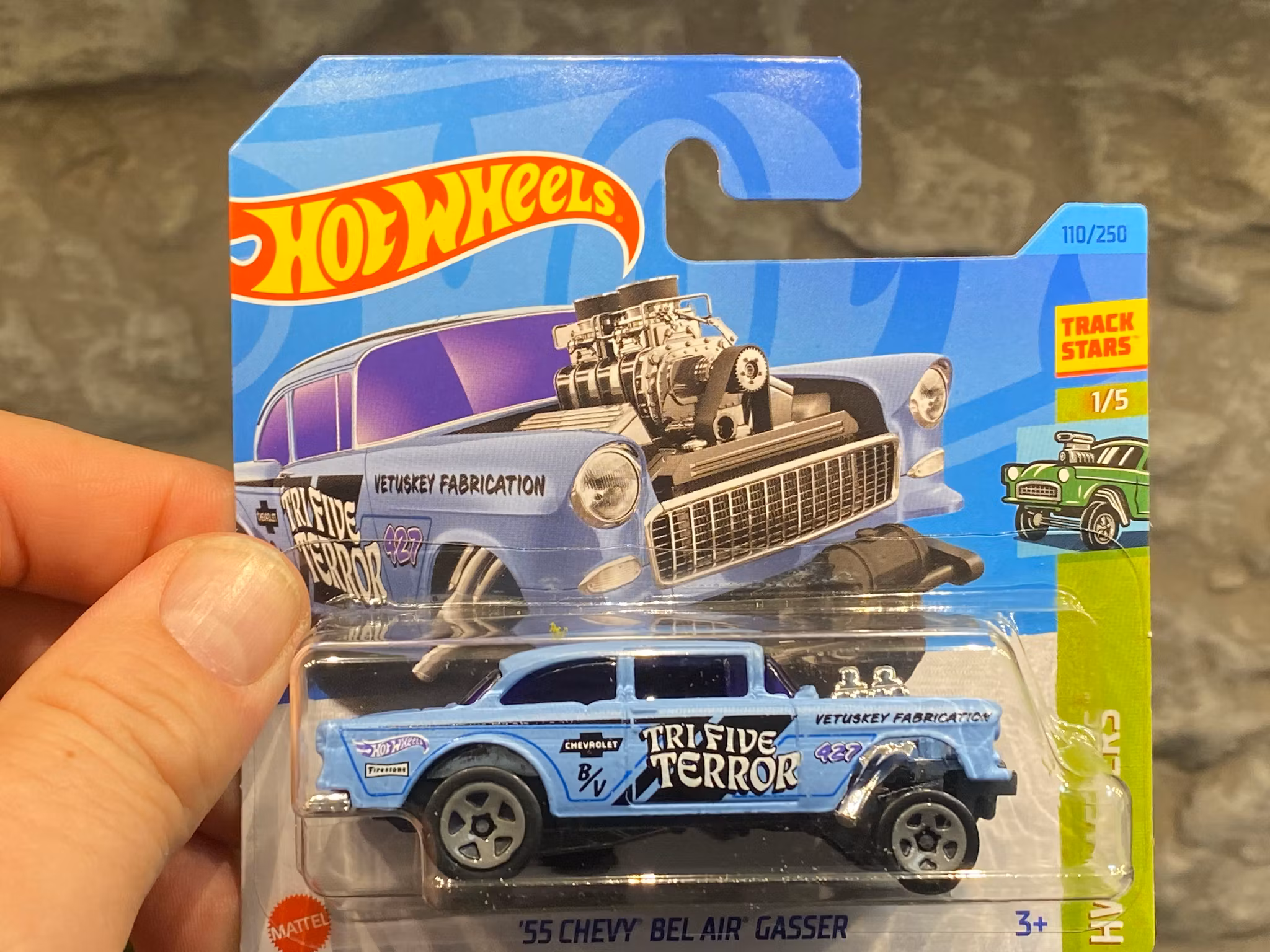 Skala 1/64 Hot Wheels: Chevy Bel Air Gasser 55', Blue "Tri Five Terror"