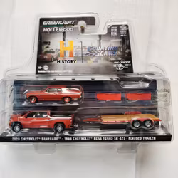 Skala 1/64 GreenLight Hollywood "Hitch & Tow": Chevy Silverado 20', Chevy Nova Yenko SC 427 69', Flatbed Trailer