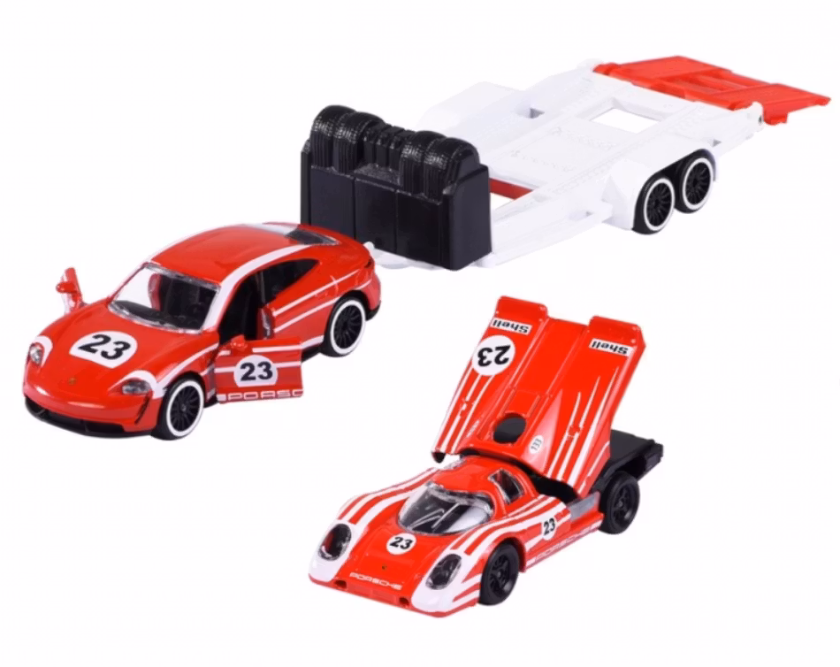 NEW! Skala 1/64 fr Majorette - Porsche Race Trailer, Taycan + 917