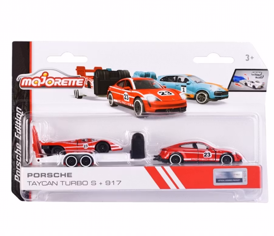 NEW! Skala 1/64 fr Majorette - Porsche Race Trailer, Taycan + 917