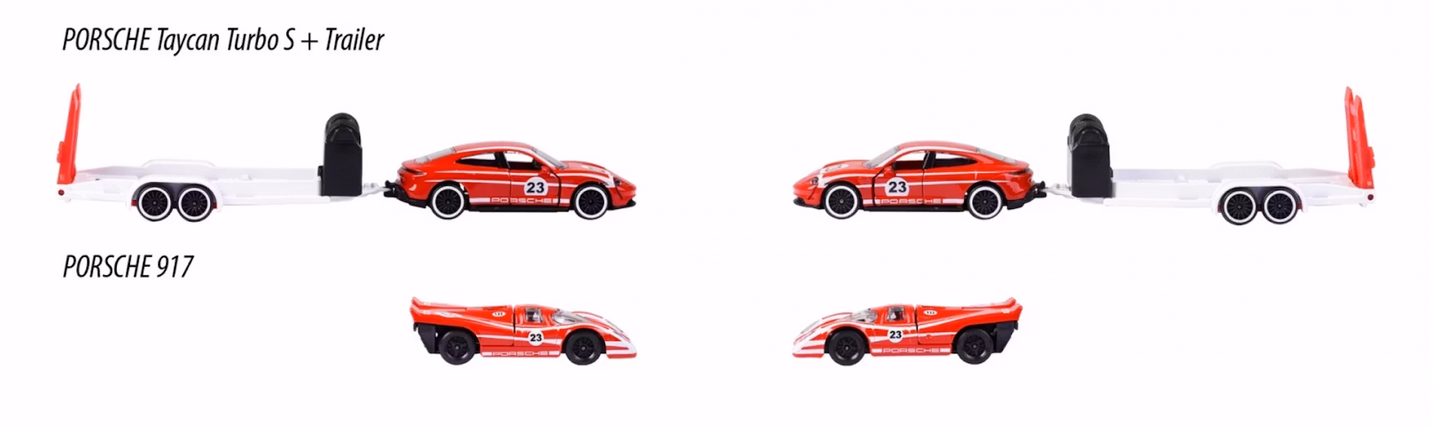 NEW! Skala 1/64 fr Majorette - Porsche Race Trailer, Taycan + 917