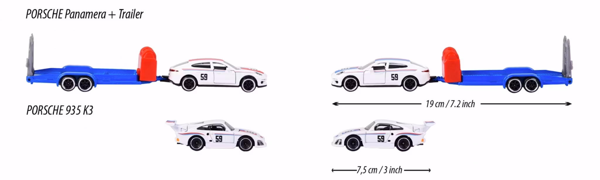 NEW! Skala 1/64 fr Majorette - Porsche Race Trailer, Panamera + 935K3