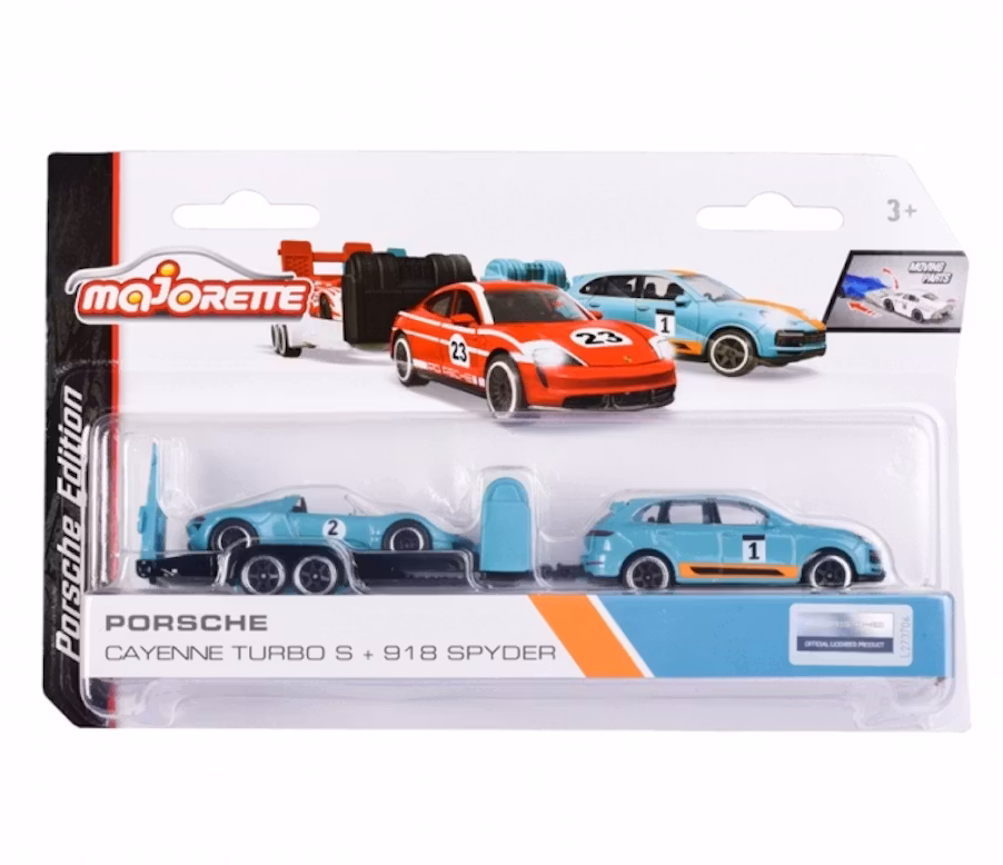 NEW! Skala 1/64 fr Majorette - Porsche Race Trailer, Cayenne T S + 918 Spyder