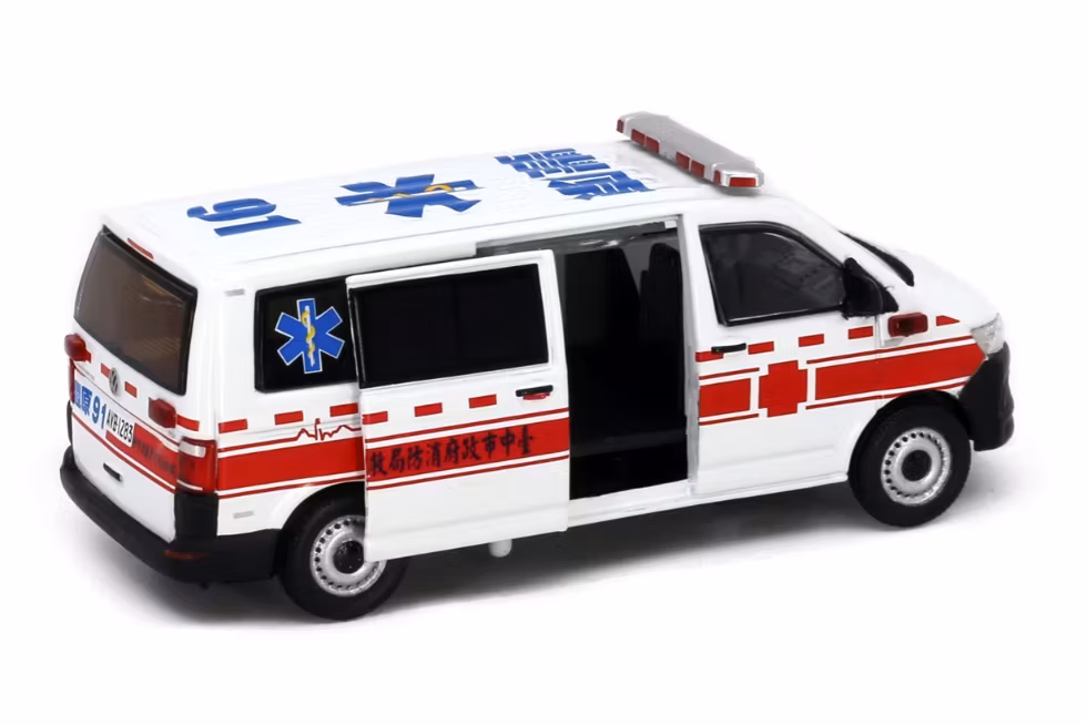 Skala 1/64 VW T6 Transporter Taiwan Fire Bureau Ambulance fr Tiny Toys