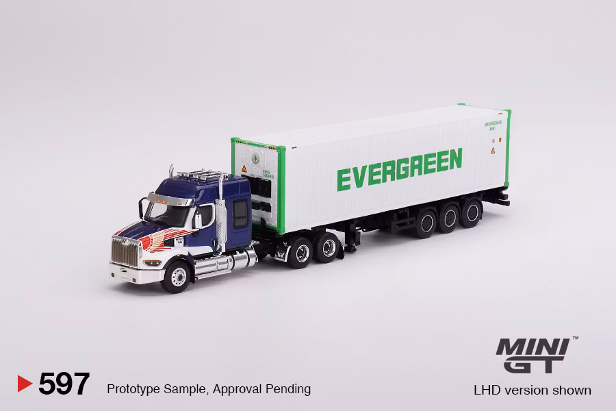 Skala 1/64 Western Star 49X Blue  w/ 40' Reefer Container "EVERGREEN" fr MINI GT