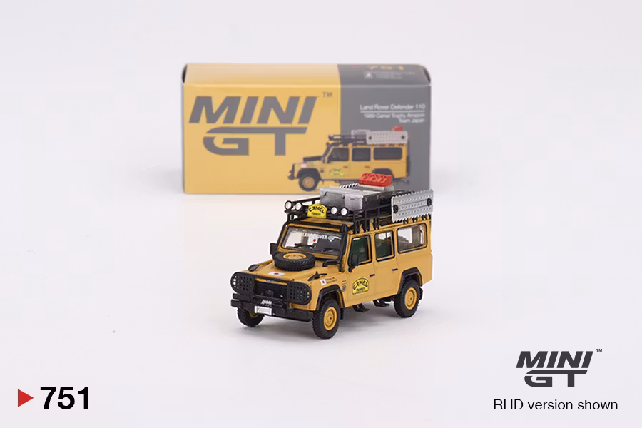 Skala 1/64 Land Rover Defender 110 1989 Camel Trophy Amazon Team Japan fr MINI GT ((751)