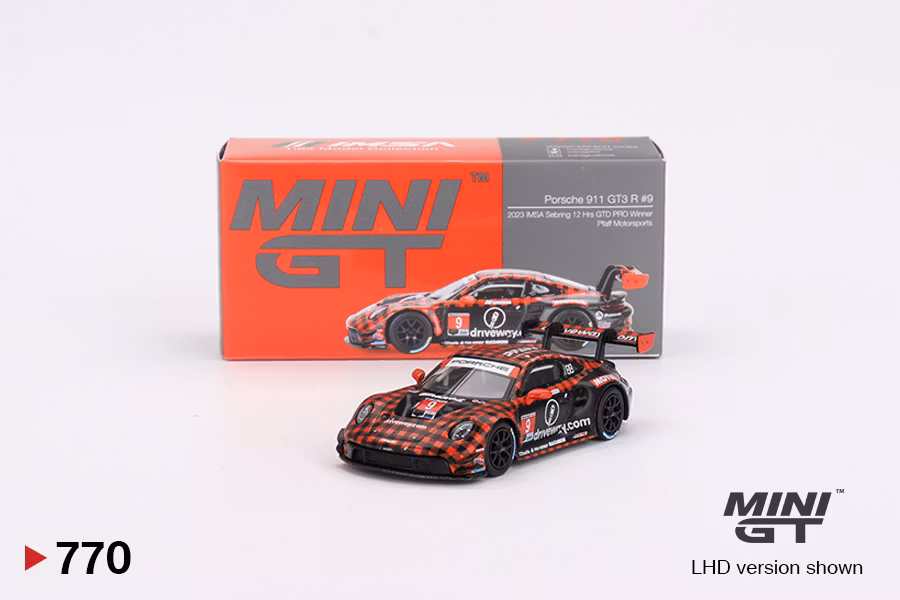 Skala 1/64 Porsche 911 GT3 R #9 GTD PRO Pfaff Motorsports IMSA 2023 Sebring 12 Hrs. Winner fr MINI GT (770)