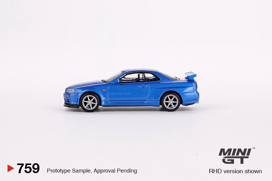 Skala 1/64 Nissan Skyline GT-R (R34) V-Spec Bayside Blue fr MINI GT (759)