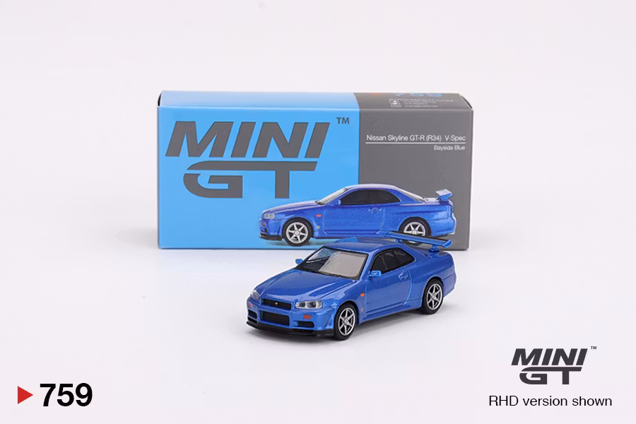 Skala 1/64 Nissan Skyline GT-R (R34) V-Spec Bayside Blue fr MINI GT (759)