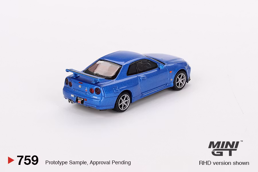 Skala 1/64 Nissan Skyline GT-R (R34) V-Spec Bayside Blue fr MINI GT (759)