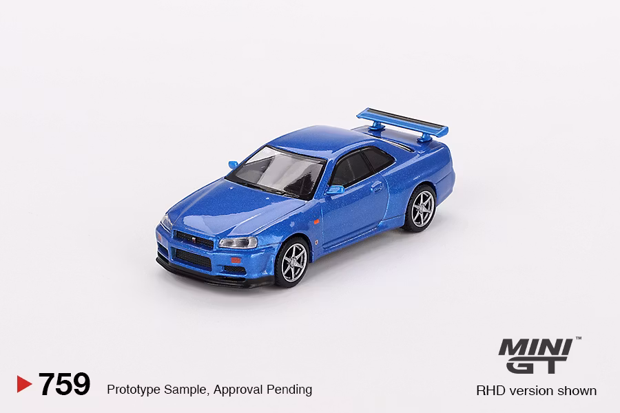 Skala 1/64 Nissan Skyline GT-R (R34) V-Spec Bayside Blue fr MINI GT (759)