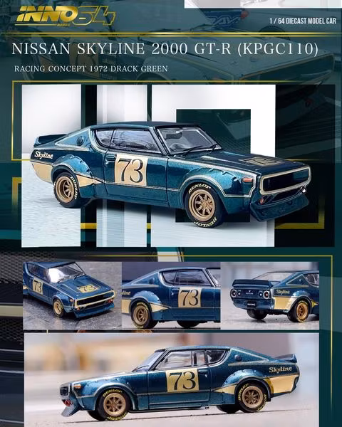 Skala 1/64 NISSAN SKYLINE 2000 GT-R (KPGC110) Green, Racing Concept 1972 fr Inno64