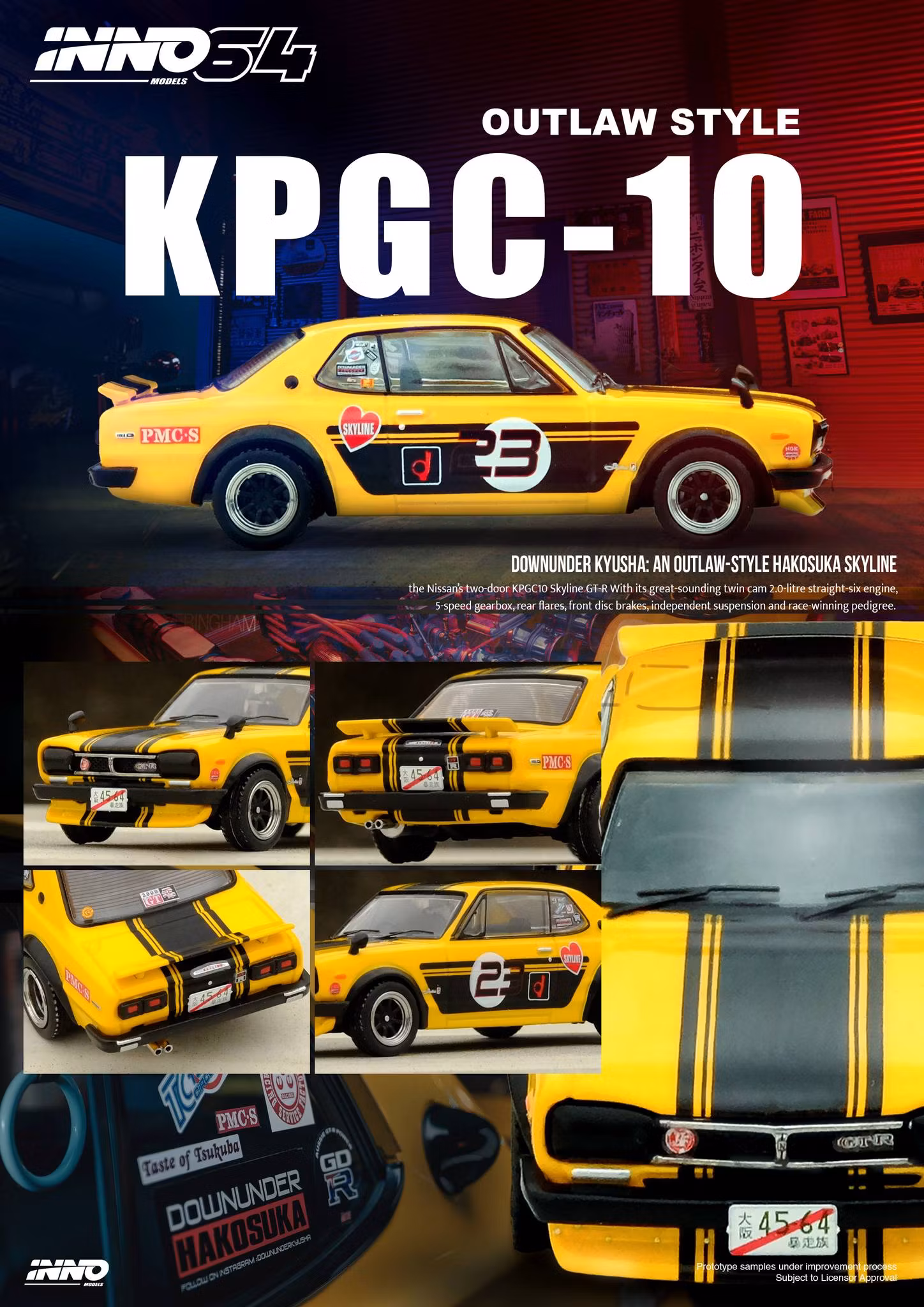 Skala 1/64 NISSAN SKYLINE 2000 GT-R (KPGC10) Yellow/blk fr Inno64