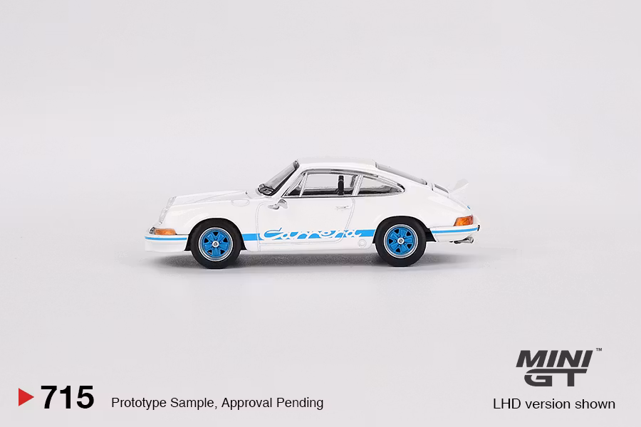 Skala 1/64 Porsche 911 Carrera RS 2.7 Grand Prix White with Blue Livery fr MINI GT (715)