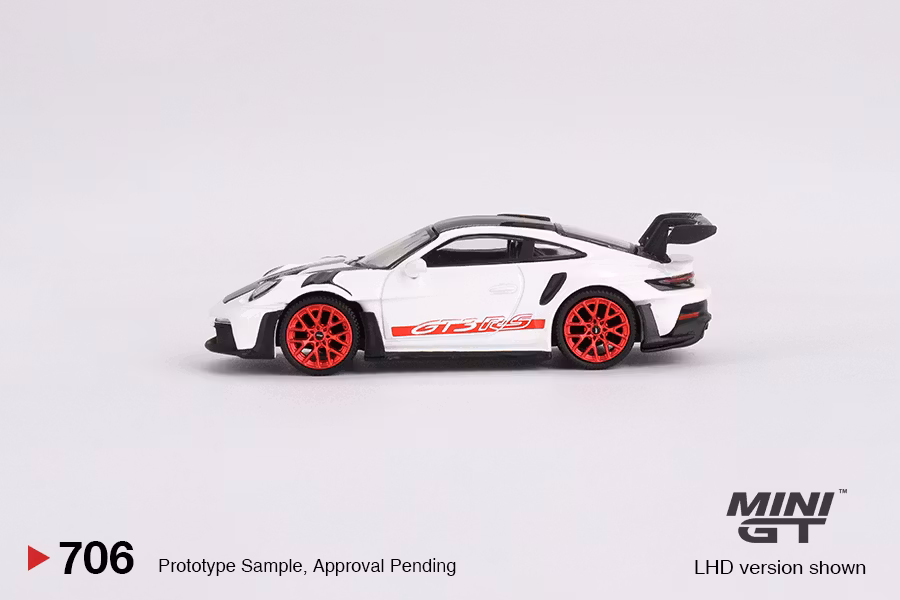 Skala 1/64 Porsche 911 (992) GT3 RS Weissach Package White with Pyro Red fr MINI GT (GT706)