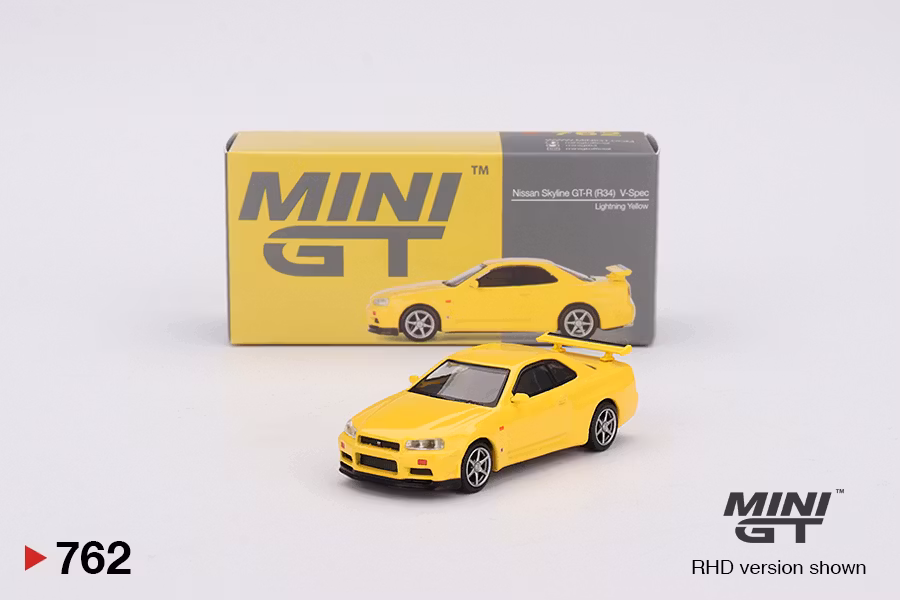 Skala 1/64 Nissan Skyline GT-R (R34) V-Spec Lightning Yellow fr MINI GT (762)