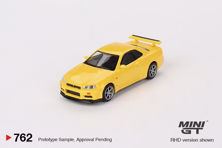 Skala 1/64 Nissan Skyline GT-R (R34) V-Spec Lightning Yellow fr MINI GT (762)