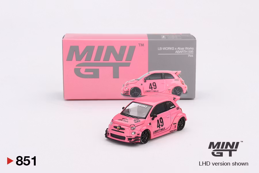 Skala 1/64 ABARTH 595 LB-WORKS x Abas Works Pink fr MINI GT (GT851)