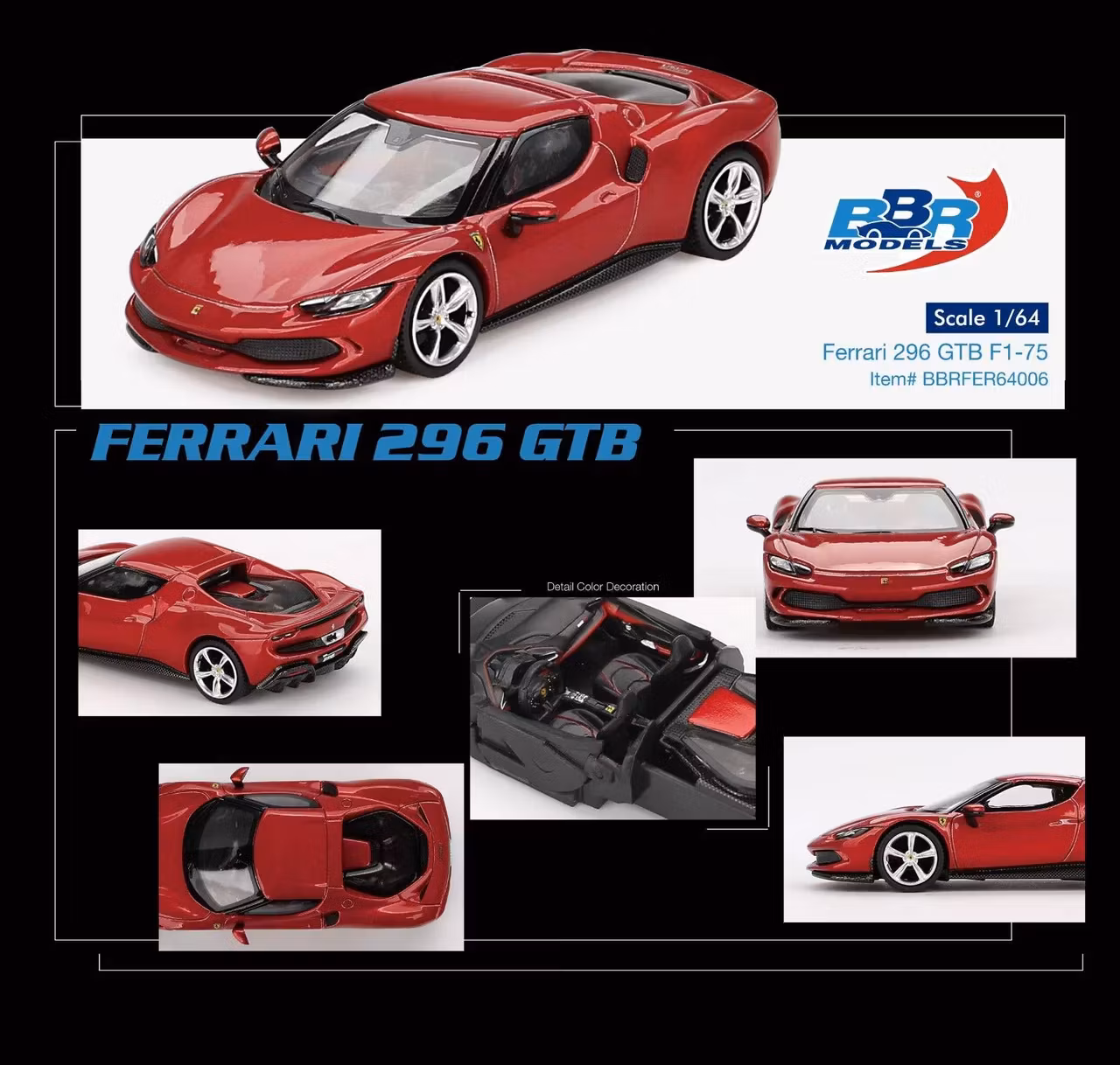 Skala 1/64 Ferrari 296 GTB, Rosso Imola fr BBR Models (BBRFER64006)