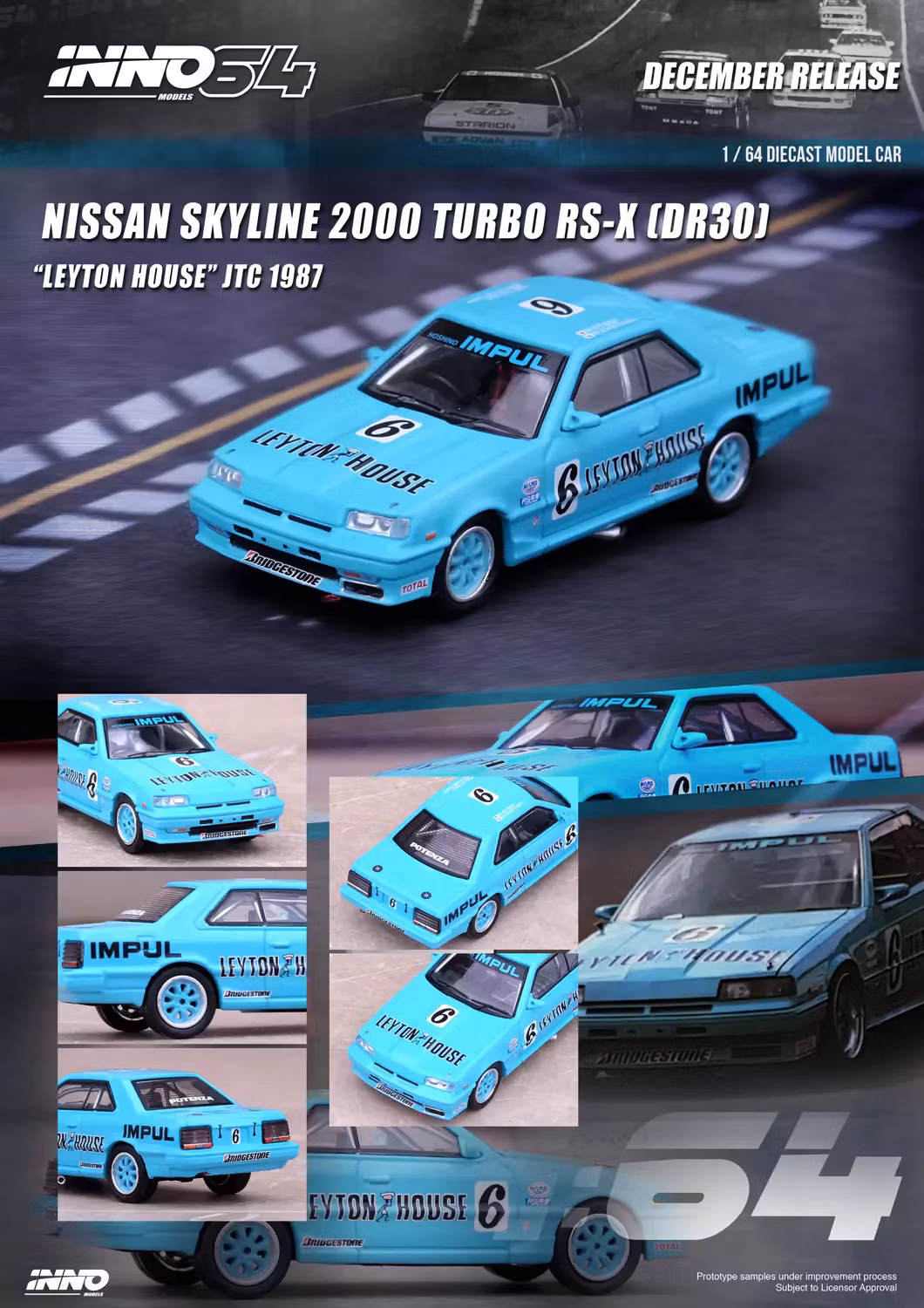 Skala 1/64 Nissan Skyline 2000 RS-X Turbo (DR30) #6 Leyton House JTC 87' fr Inno64