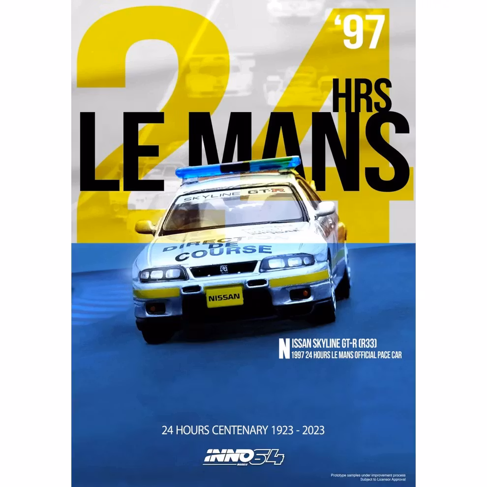 Skala 1/64 Nissan Skyline GT-R (R33) 24H Le Mans official Pace Car 1997 fr Inno64