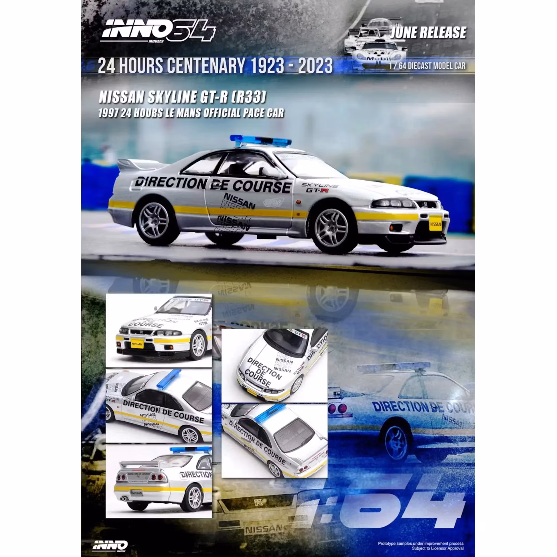 Skala 1/64 Nissan Skyline GT-R (R33) 24H Le Mans official Pace Car 1997 fr Inno64