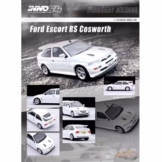 Skala 1/64 Ford Escort RS Cosworth, OZ Rally Wheels, White LHD fr Inno64