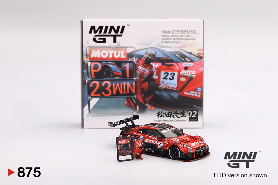 Skala 1/64 Nissan GT-R NISMO #23 "MOTUL AUTECH GT-R 2021" SUPER GT SERIES Suzuka winner W/ Matsuda Figure Tsugio Matsuda Collection No.2 fr Mini GT