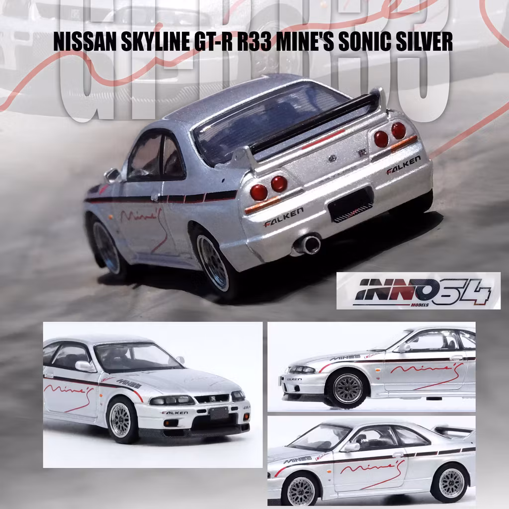 Skala 1/64 Nissan Skyline GT-R N1 (R33) Tuned by Mine's, Silver fr Inno64