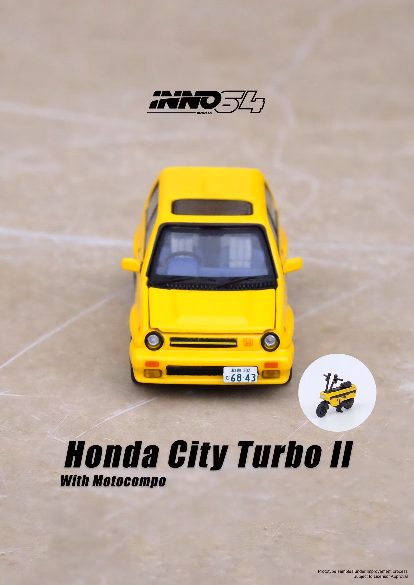 Skala 1/64 Honda City Turbo II. Yellow with Motocompo fr Inno64