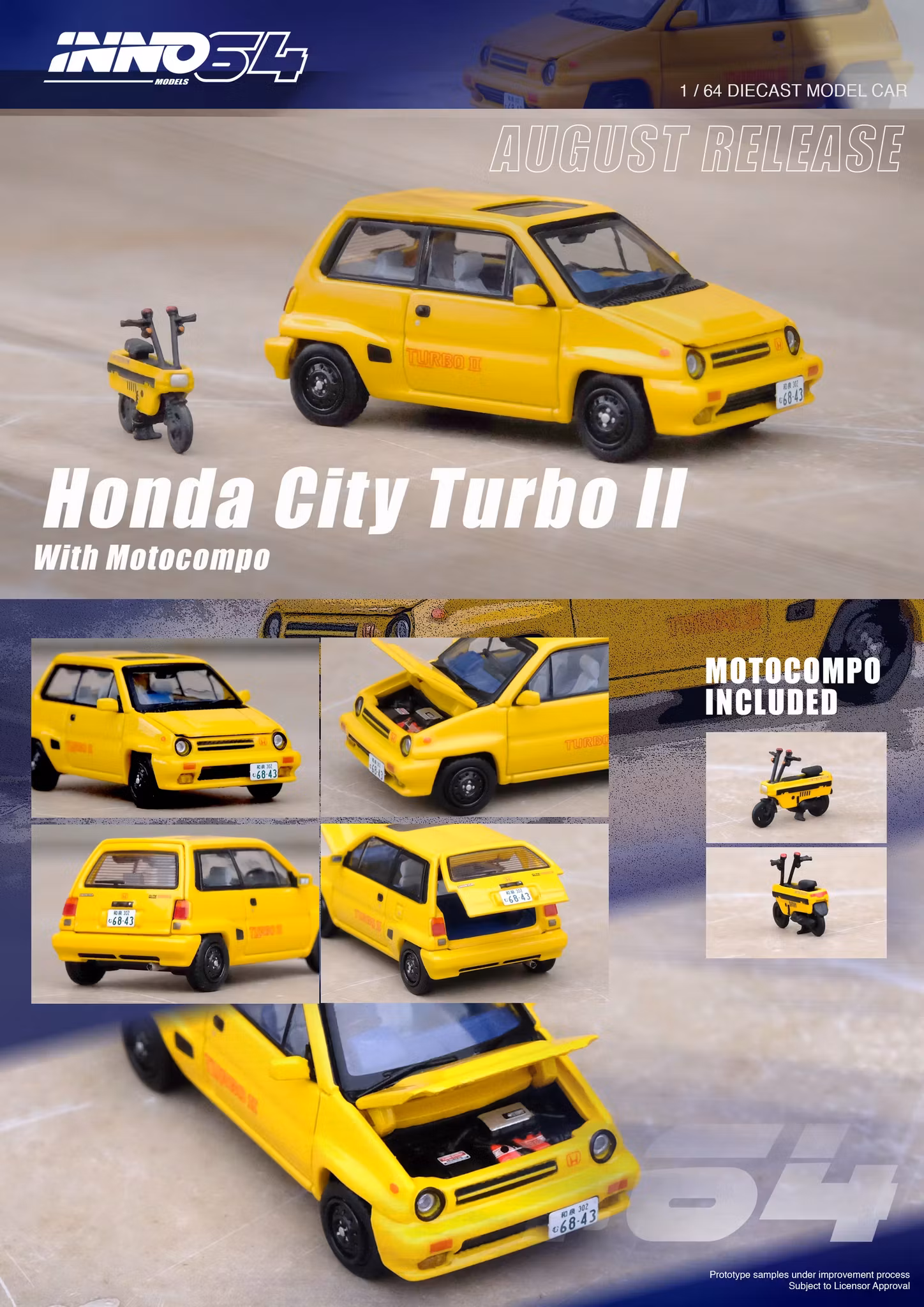 Skala 1/64 Honda City Turbo II. Yellow with Motocompo fr Inno64