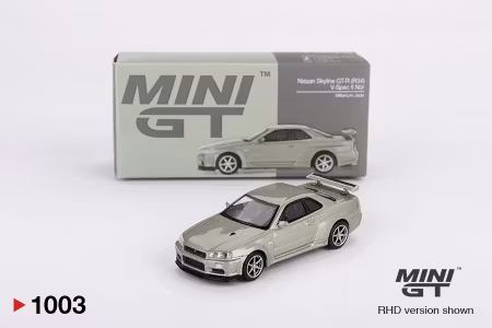 Skala 1/64 Nissan Skyline GT-R (R34) V-Spec II Nür Millenium Jade fr MINI GT (GT1003)