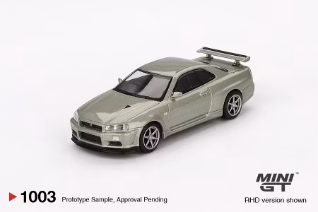 Skala 1/64 Nissan Skyline GT-R (R34) V-Spec II Nür Millenium Jade fr MINI GT (GT1003)