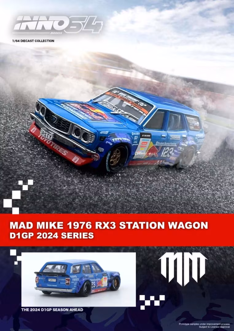Skala 1/64 Mazda RX3 Station Wagon - Mad Mike 76' D1GP 2024 Series  fr Inno64